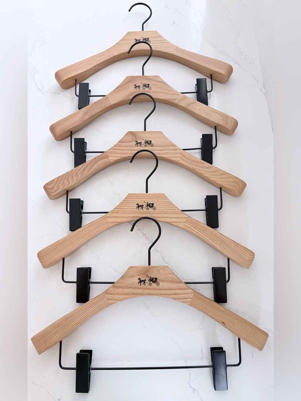 COACH Lot Of 5 Wooden Closet Coat Stop Skirt Bottom Hangers 15” Wide